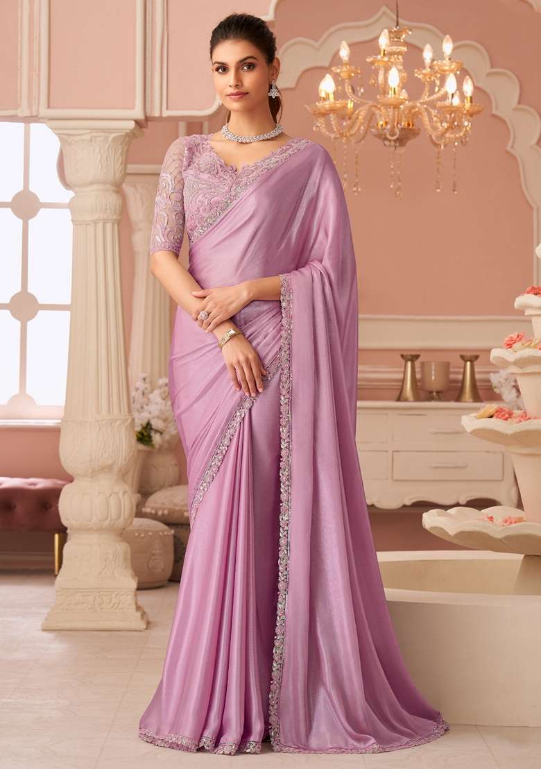 Lavender Embellished Chiffon Saree Set for Diwali | Wedding & Festive Wear - Indya