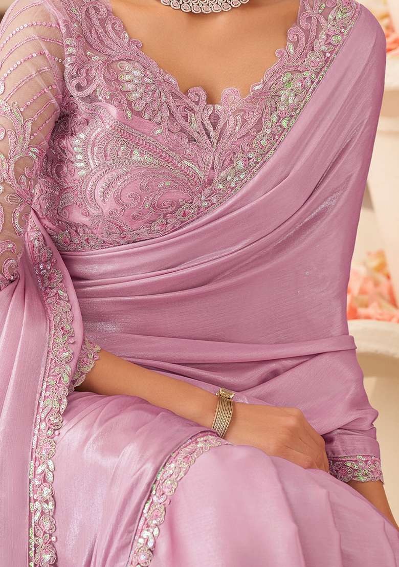 Lavender Embellished Chiffon Saree Set for Diwali | Wedding & Festive Wear - Indya