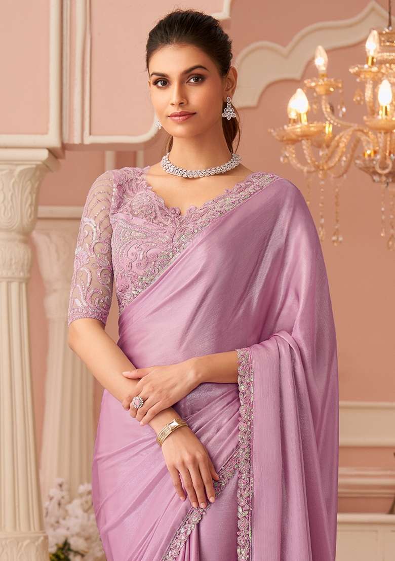 Lavender Embellished Chiffon Saree Set for Diwali | Wedding & Festive Wear - Indya