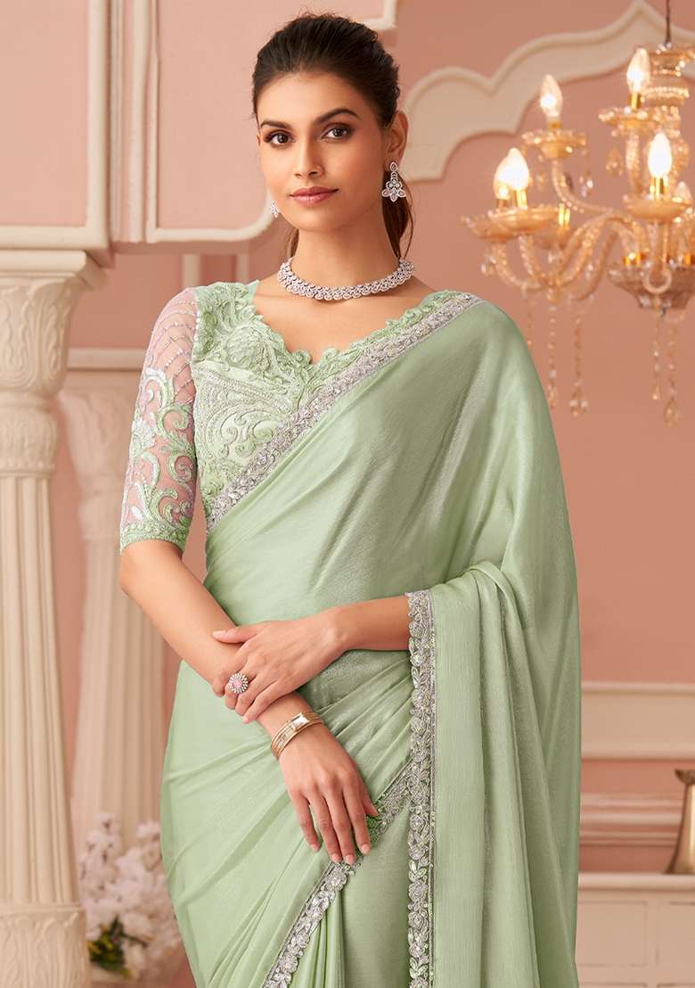 Sea Green Embellished Chiffon Saree Set for Diwali | Wedding & Festive Wear - Indya