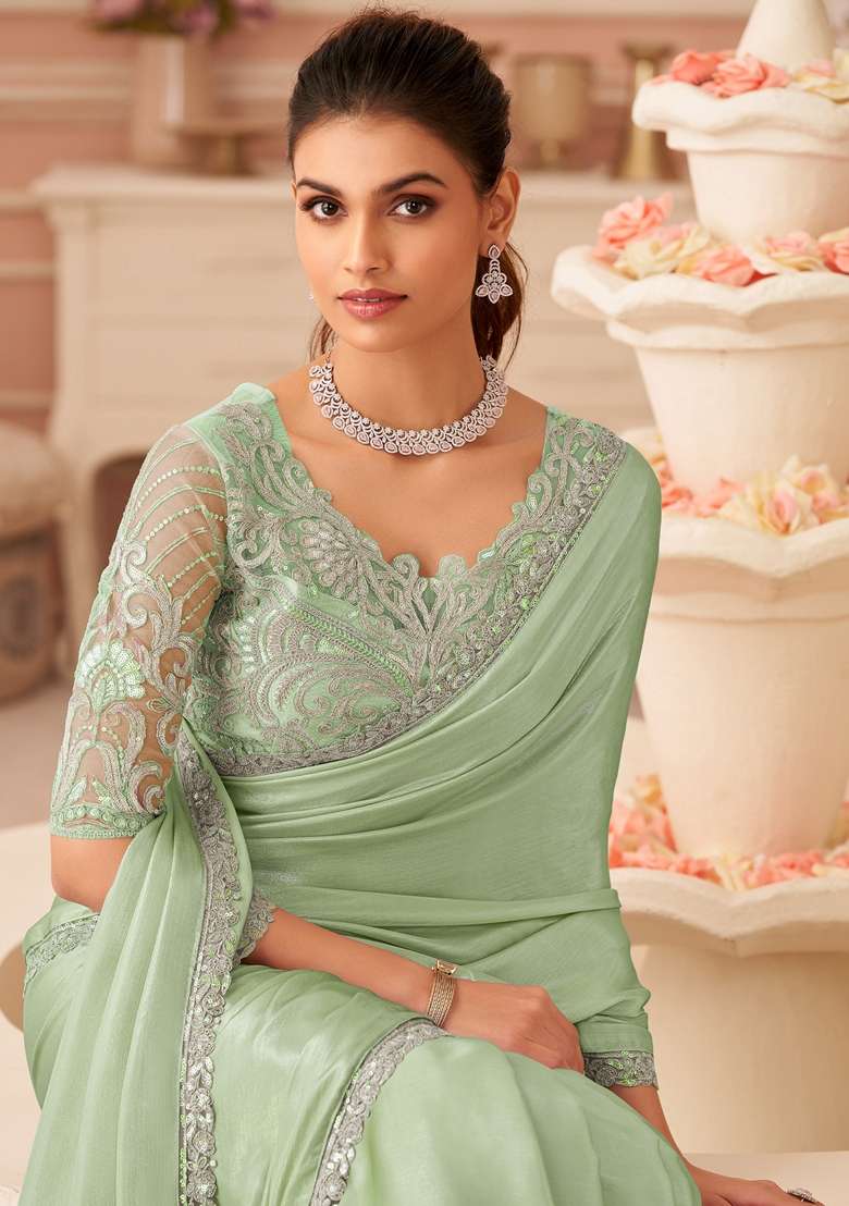 Sea Green Embellished Chiffon Saree Set for Diwali | Wedding & Festive Wear - Indya