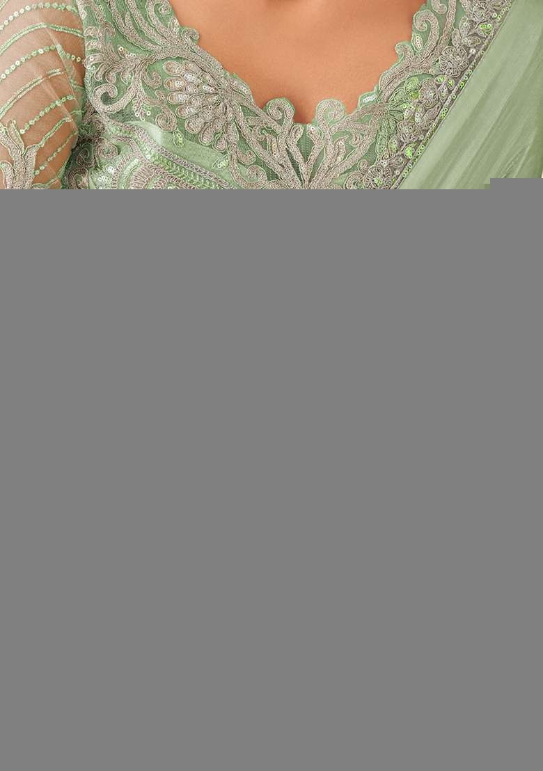 Sea Green Embellished Chiffon Saree Set for Diwali | Wedding & Festive Wear - Indya