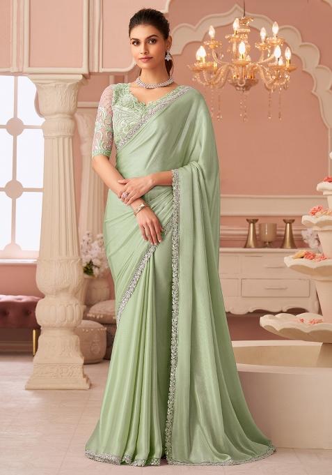 Sea Green Embellished Chiffon Saree Set