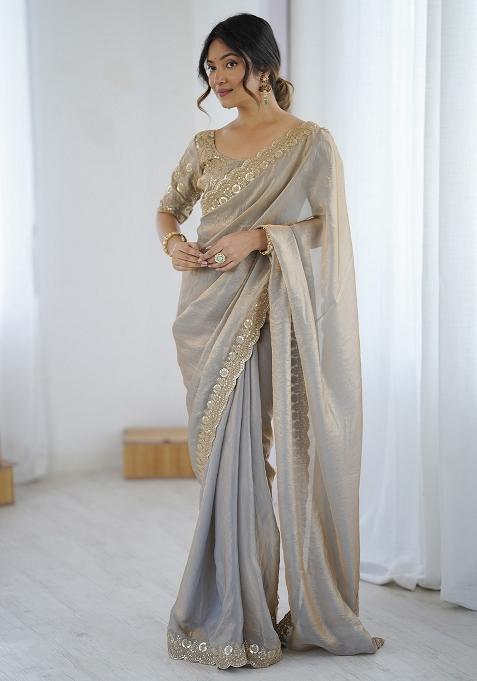 Beige Embellished Tissue Saree Set — view on Indya