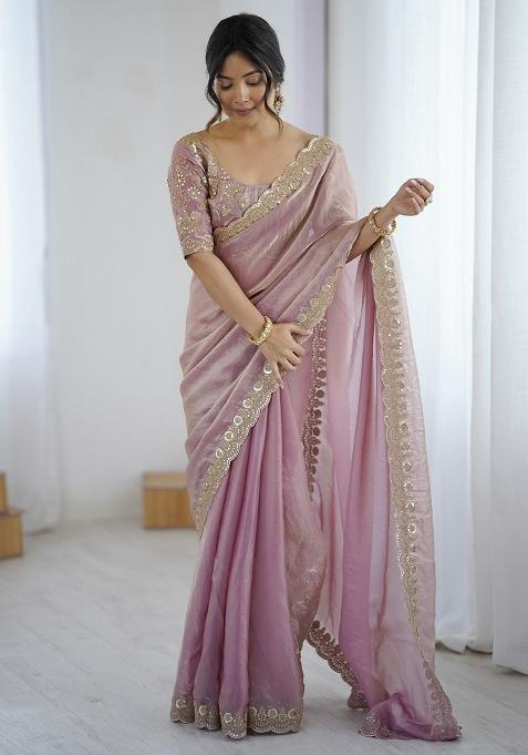 Purple Embellished Tissue Saree Set — view on Indya