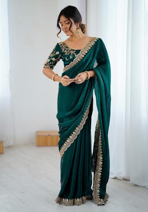 Green Embellished Tissue Saree Set