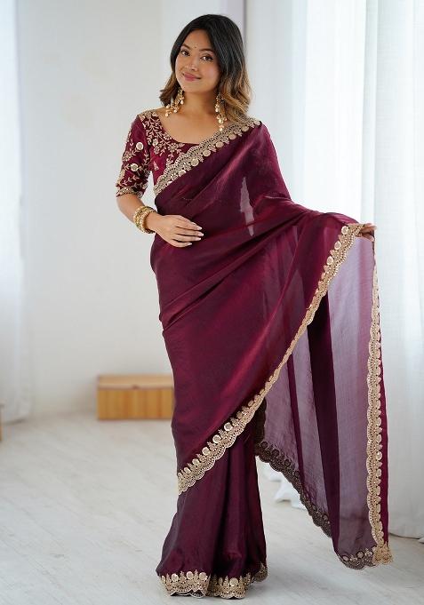Burgundy Embellished Tissue Saree Set