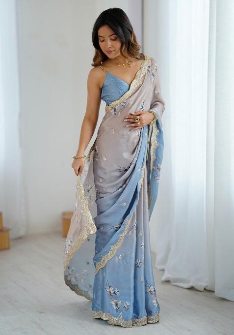 Grey Embellished Chiffon Saree Set — view on Indya