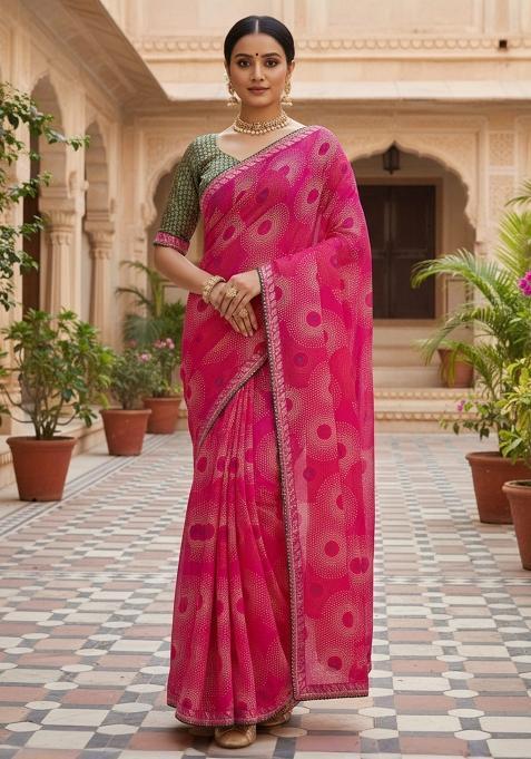 Pink Printed Georgette Saree Set