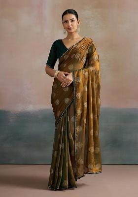 Olive Printed Chiffon Saree Set