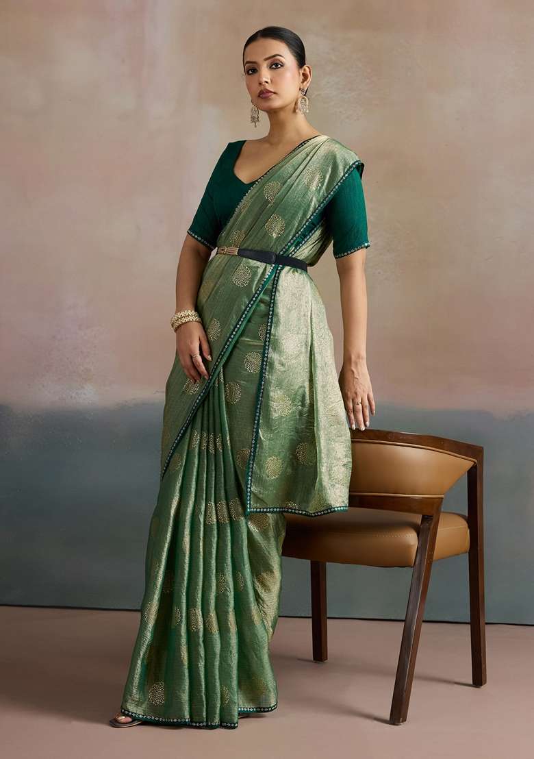 Sea Green Printed Chiffon Saree Set - Indya