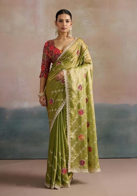 Light Green Embellished Chiffon Saree Set