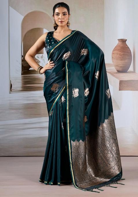 Green Woven Design Satin Saree Set