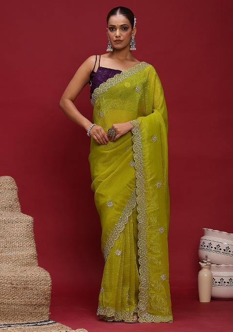 Lime Green Embellished Tissue Saree Set