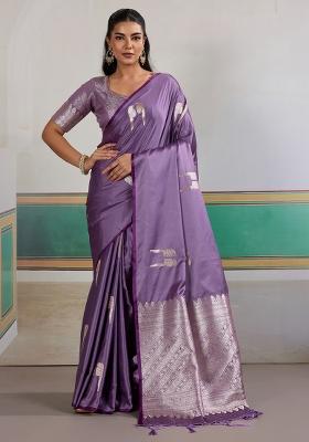Lavender Woven Design Satin Saree Set