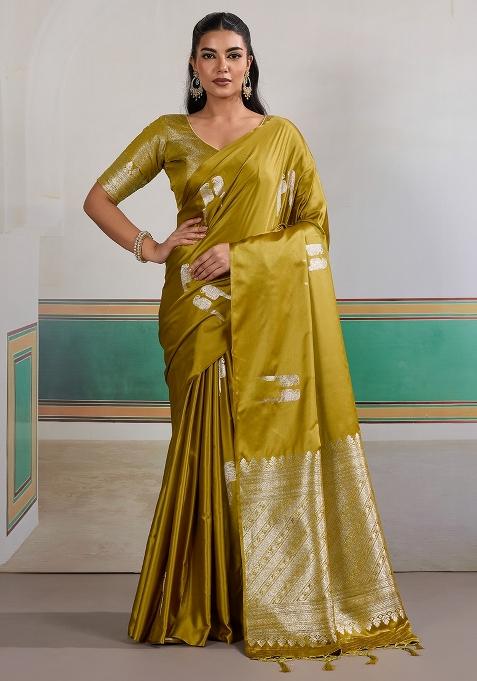 Olive Woven Design Satin Saree Set