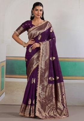 Purple Woven Design Silk Blend Saree Set