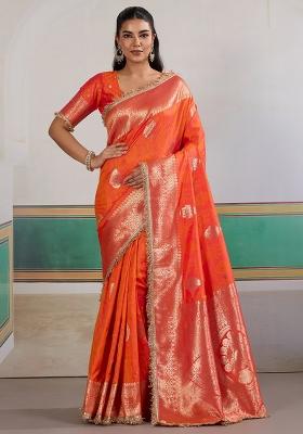 Orange Woven Design Silk Blend Saree Set