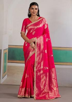 Pink Woven Design Silk Blend Saree Set