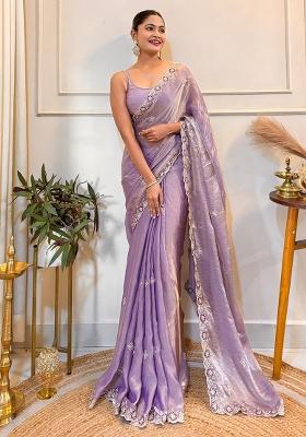 Lavender Embellished Satin Saree Set