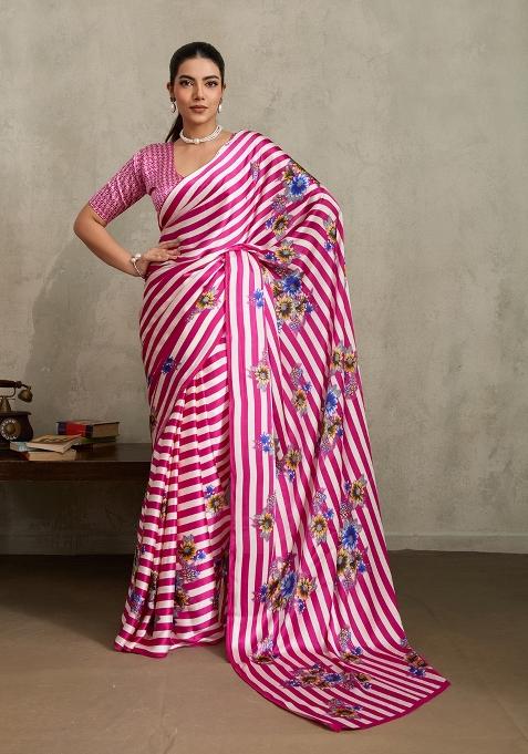 Pink Printed Satin Saree Set