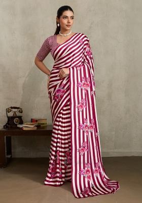Burgundy Printed Satin Saree Set
