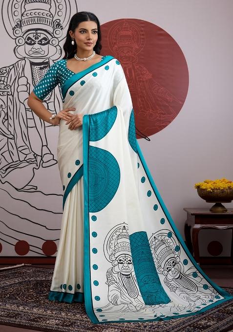 White Printed Satin Saree Set