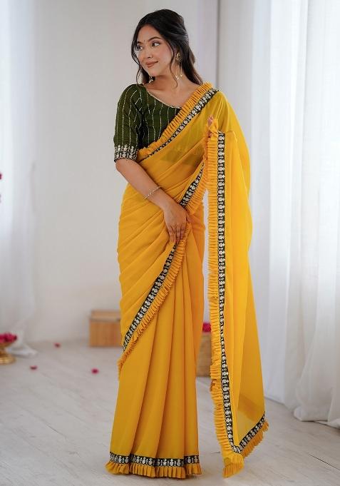 Yellow Embellished Georgette Saree Set