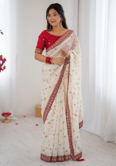 White Embellished Tissue Saree Set — view on Indya