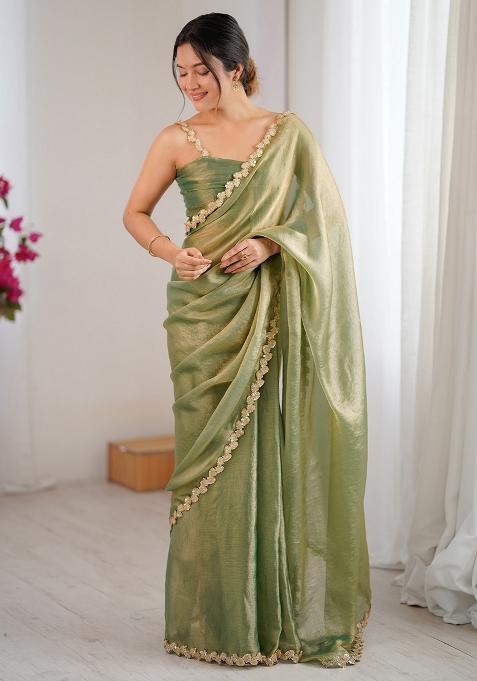 Light Green Embellished Chiffon Saree Set