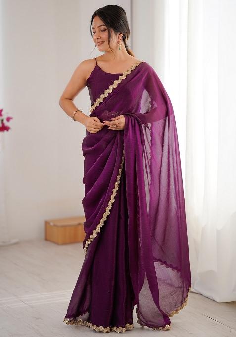 Purple Embellished Chiffon Saree Set