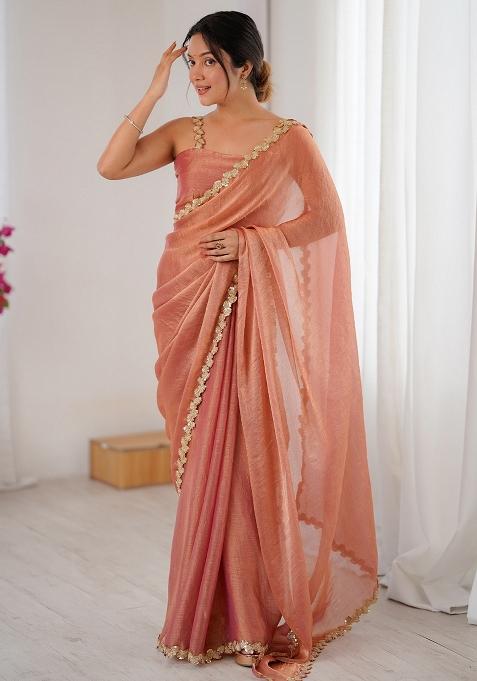 Peach Embellished Chiffon Saree Set — view on Indya