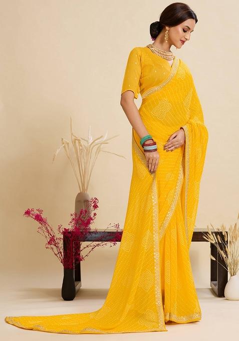 Yellow Printed Georgette Saree Set