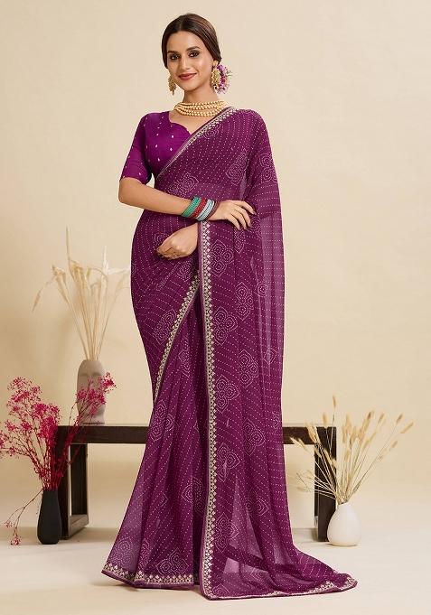 Purple Printed Georgette Saree Set — view on Indya