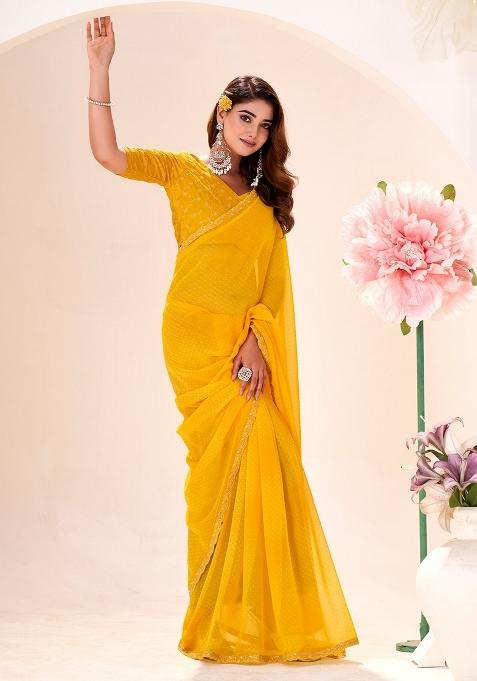 Yellow Printed Georgette Saree Set