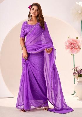 Purple Printed Georgette Saree Set