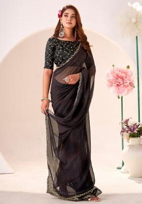 Black Printed Georgette Saree Set