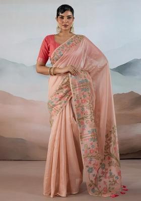 Peach Woven Design Tissue Saree Set