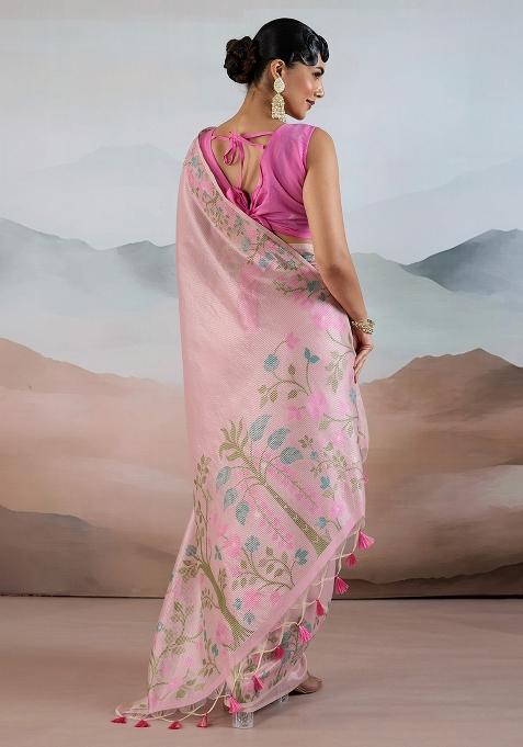Pink Woven Design Tissue Saree Set — view on Indya
