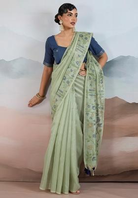 Light Green Woven Design Tissue Saree Set