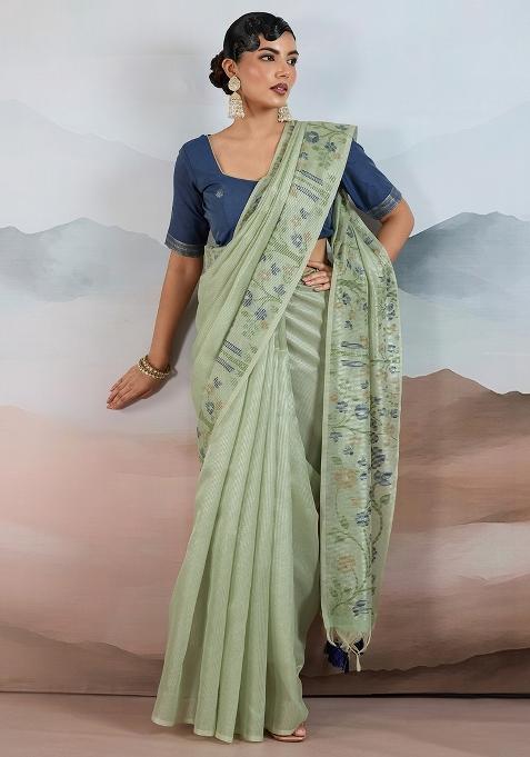 Light Green Woven Design Tissue Saree Set — view on Indya