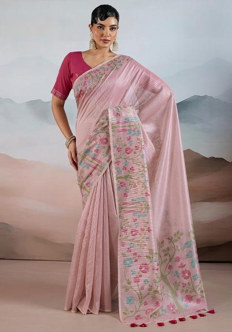 Pink Woven Design Tissue Saree Set — view on Indya