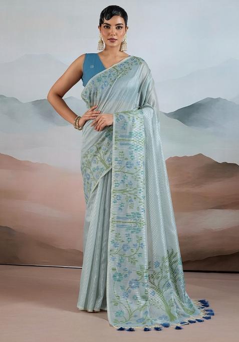 Light Blue Woven Design Tissue Saree Set — view on Indya
