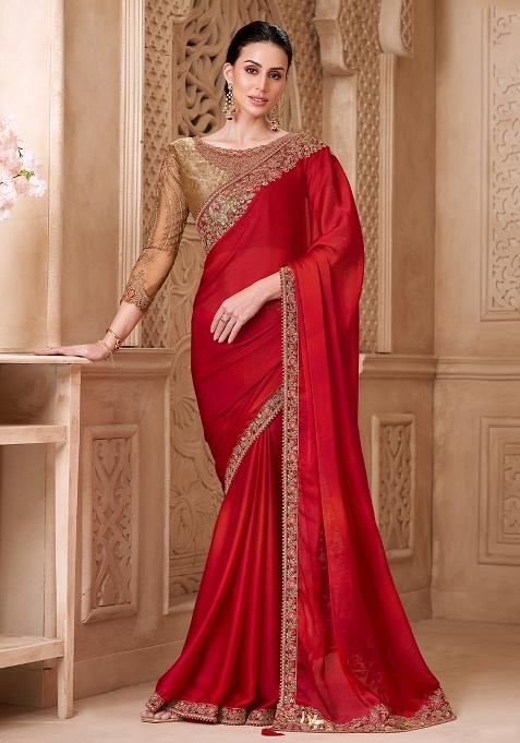 Red Embellished Silk Blend Saree Set