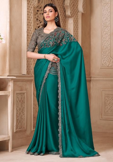 Teal Green Embellished Silk Blend Saree Set