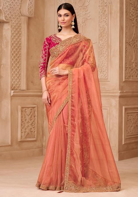 Rust Embellished Georgette Saree Set
