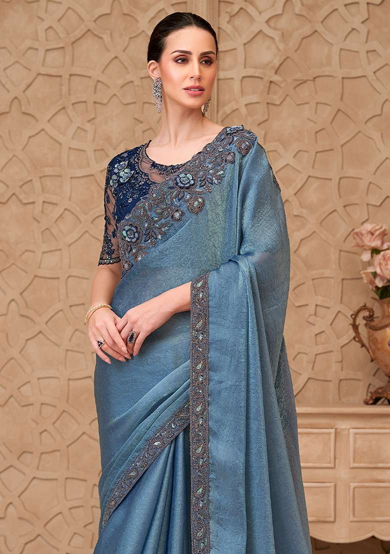 Blue Embellished Georgette Saree Set - Indya