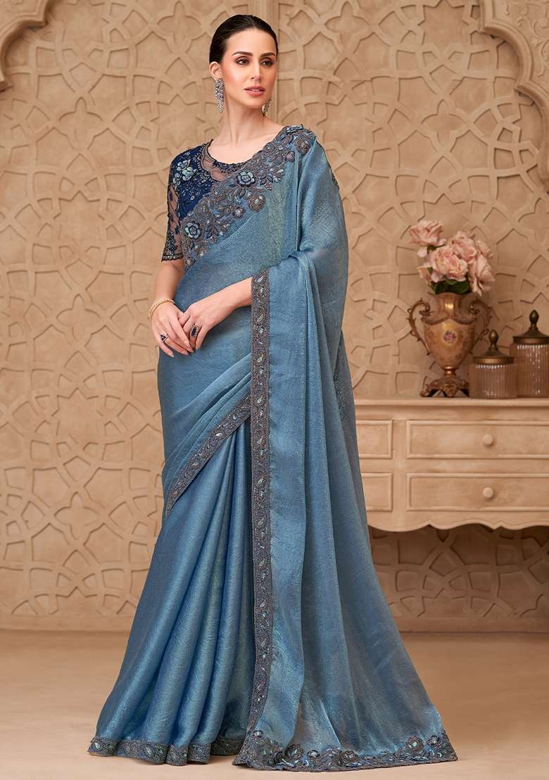 Blue Embellished Georgette Saree Set - Indya