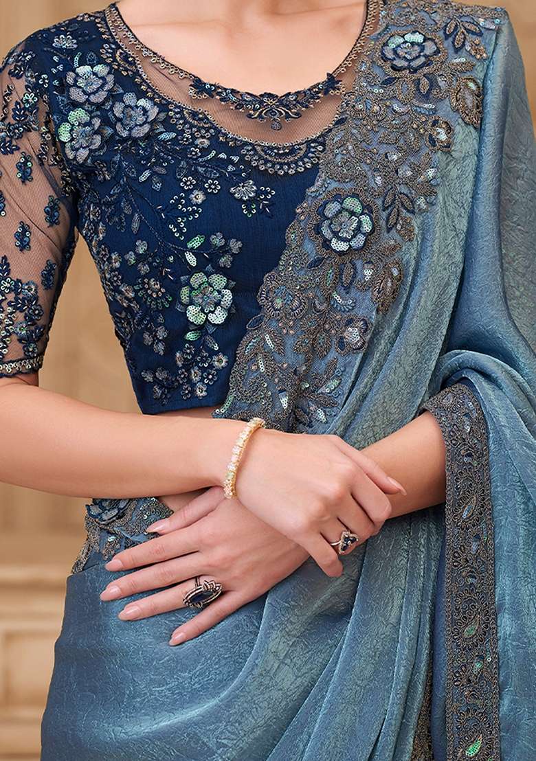Blue Embellished Georgette Saree Set - Indya