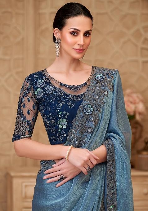 Blue Embellished Georgette Saree Set